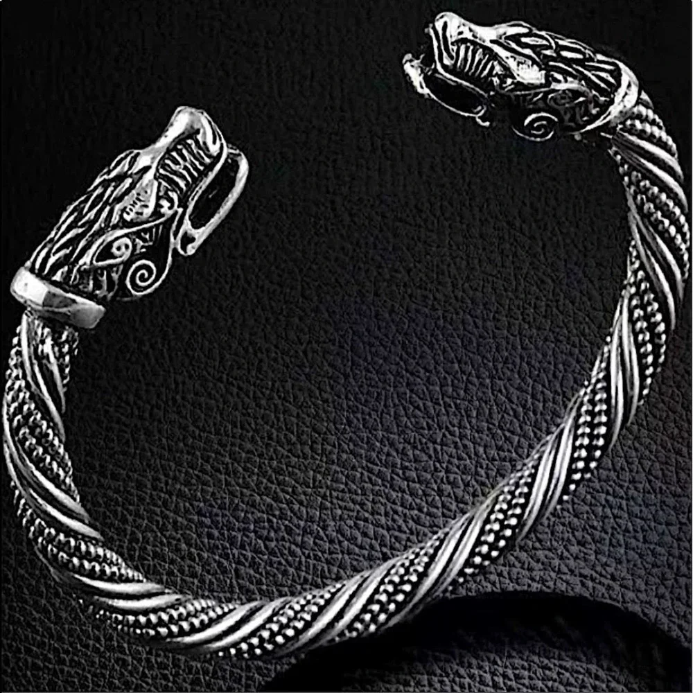 Sterling Silver Plated Serpent Viking Wolf Head Cuff Bracelet